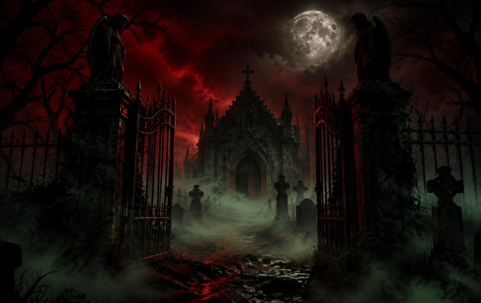 Fog-covered cemetery gate under a full moon